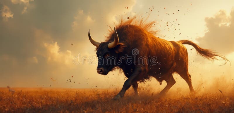Un toro che attraversa un campo d'erba secca illustrazione vettoriale