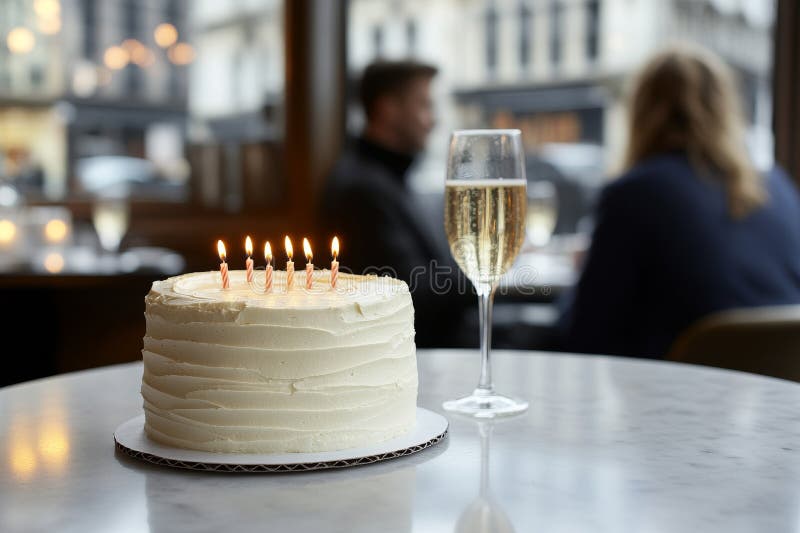 Un tort elegant de ziua de naștere se află pe masă cu lumânări aprinse într-o sală de mese urbană, în timp ce o imagine neclară stock image
