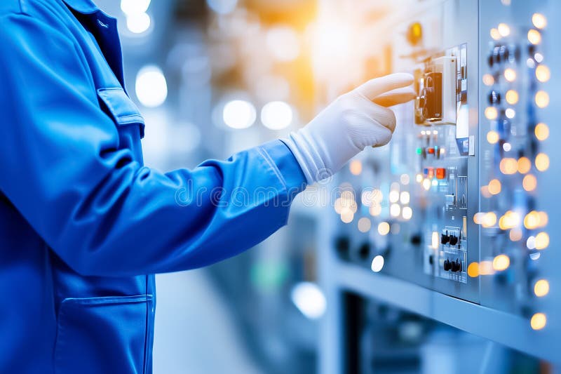 Un trabajador de fábrica con uniforme azul ajusta los controles en una instalación industrial de pozos ocupados fotografía de archivo libre de regalías