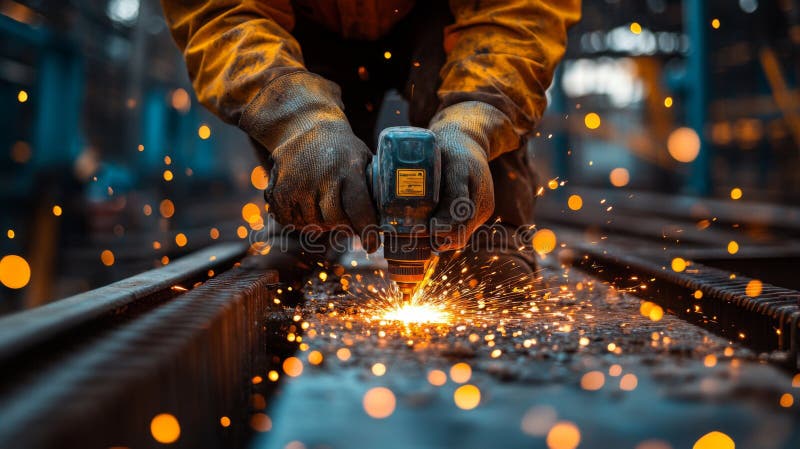 Un trabajador utiliza un taladro para cortar chispas de metal en una fábrica a última hora de la tarde, mostrando a los trabajador imagenes de archivo