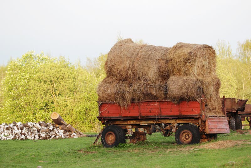 Un tracteur avec des balles de foin dans la campagne russe image stock Un tracteur avec des balles de foin dans la campagne russe image stock