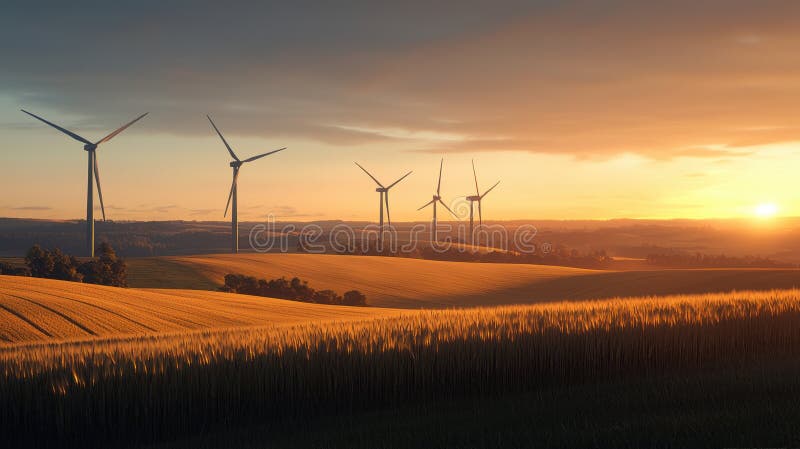 Un tramonto dorato sulle campagne con turbine a vento contro un cielo trasparente royalty illustrazione gratis