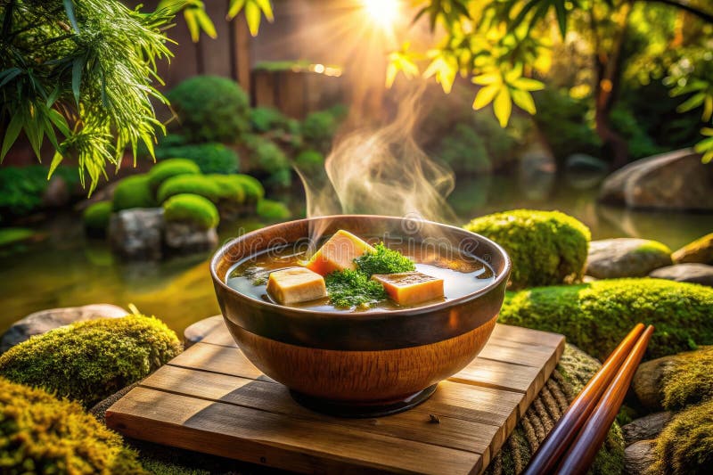 Un tranquilo bol de sopa de miso japonesa Tofus Delicados abrazos en un sereno jardín mostrando auténticos japoneses stock de ilustración