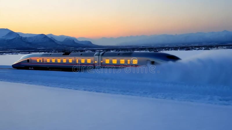 Un tren de alta velocidad cortando un paisaje nevado al atardecer ilustración del vector