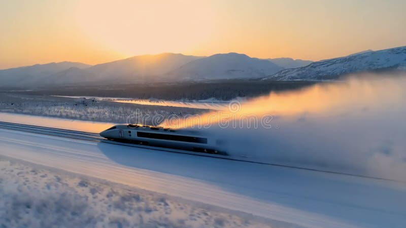 Un tren de alta velocidad cortando un paisaje nevado al atardecer libre illustration