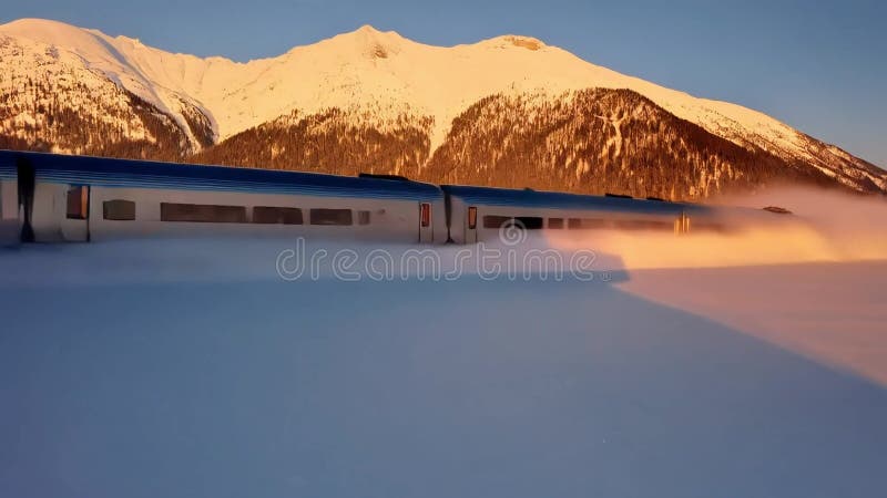 Un tren de alta velocidad cortando un paisaje nevado al atardecer libre illustration