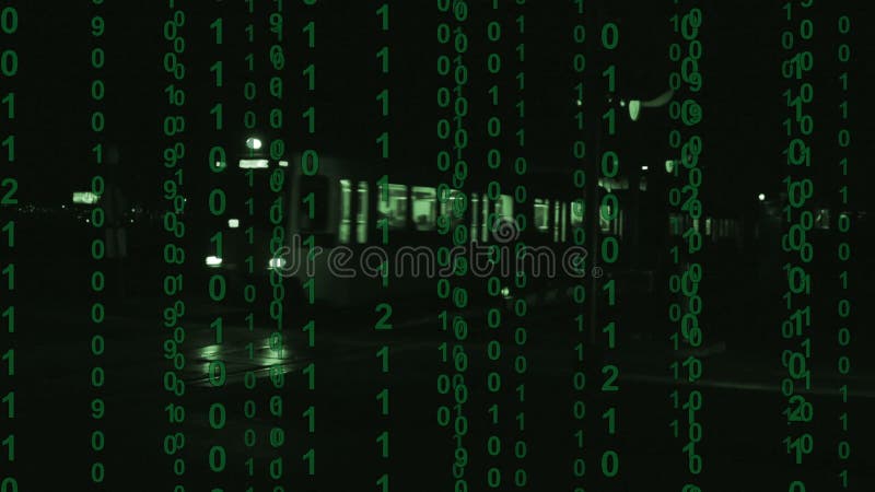 Un tren de alta velocidad que se aproxima con el código de computadora binario desplazándose por la pantalla ilustración del vector