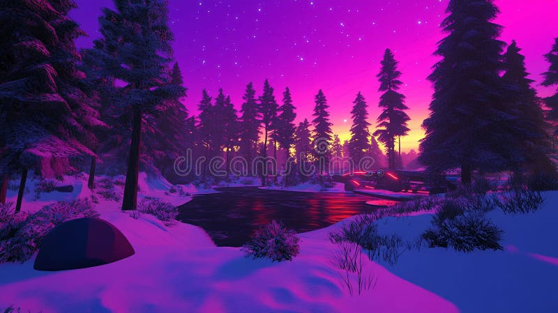 Un tundră de neon, cu o auroră strălucitoare artificială. royalty free illustration