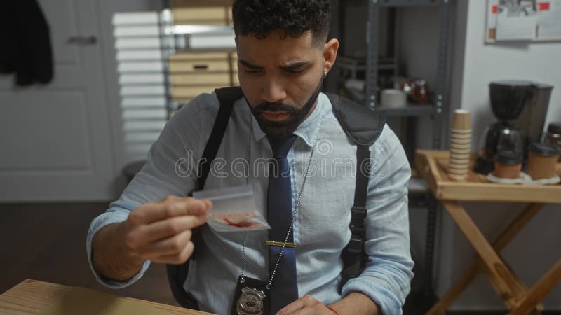 Un tânăr hispanic cu barbă examinând probele într-un birou de detectivi care portretizează un profesionist concentrat la locul de royalty free stock photo