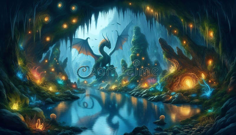 Un tărâm cavernos unde dragonii de apă Taniwha locuiesc într-o lagună luminată de licurici l royalty free illustration