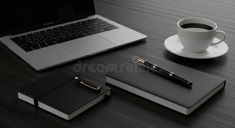 Un ufficio esecutivo altamente qualificato con un notebook elegante un taccuino in pelle nera una penna di lusso e una tazza di ca illustrazione di stock