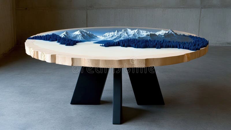 Un unico tavolino da caffè rotondo mostra una scena di un lago realizzata in resina epossidica circondata da un bordo di legno nat immagini stock libere da diritti