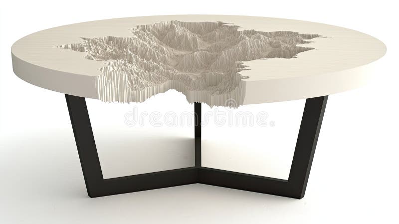Un unico tavolino da caffè rotondo mostra una scena di un lago realizzata in resina epossidica circondata da un bordo di legno nat fotografia stock