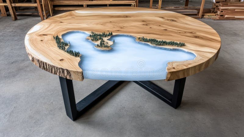 Un unico tavolino da caffè rotondo mostra una scena di un lago realizzata in resina epossidica circondata da un bordo di legno nat fotografie stock
