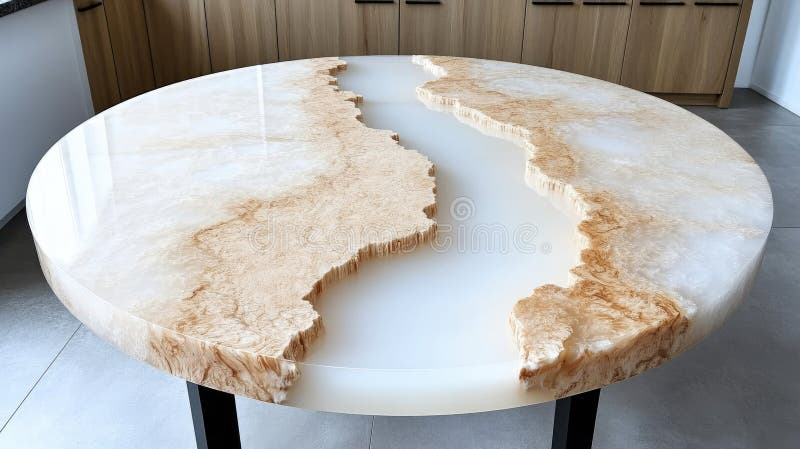 Un unico tavolino da caffè rotondo mostra una scena di un lago realizzata in resina epossidica circondata da un bordo di legno nat immagine stock libera da diritti