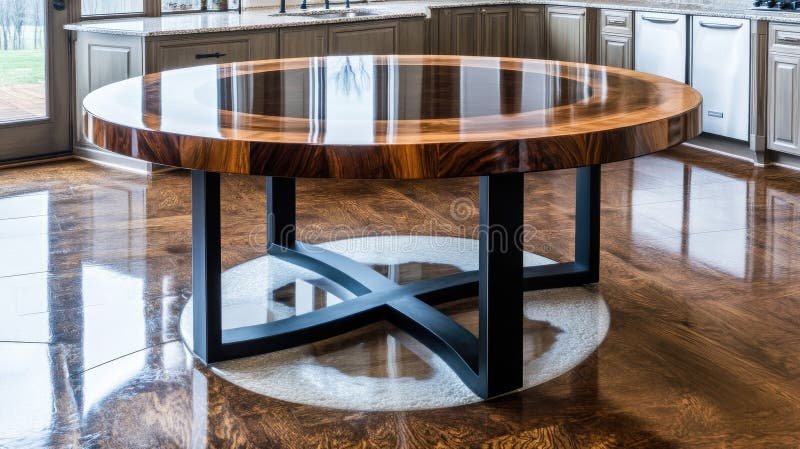Un unico tavolino da caffè rotondo mostra una scena di un lago realizzata in resina epossidica circondata da un bordo di legno nat fotografia stock libera da diritti