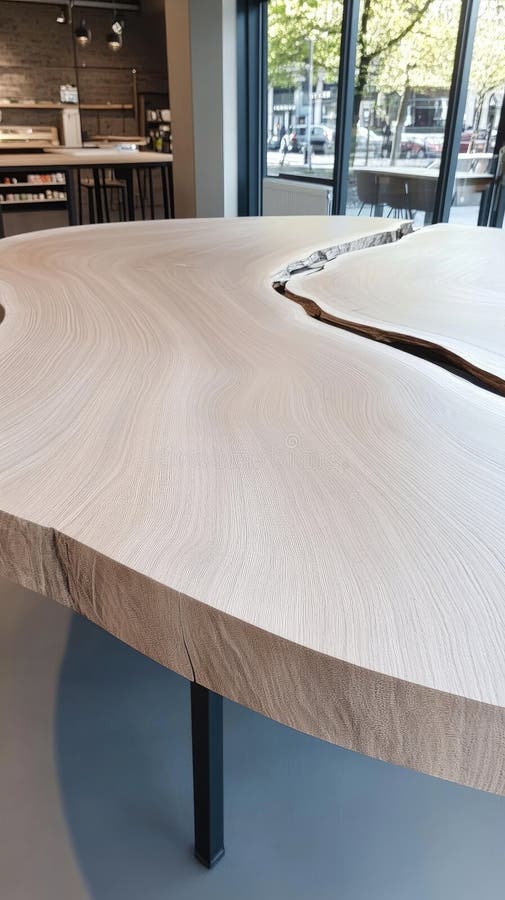 Un unico tavolino da caffè rotondo mostra una scena di un lago realizzata in resina epossidica circondata da un bordo di legno nat fotografia stock