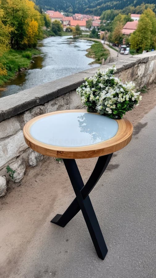Un unico tavolino da caffè rotondo mostra una scena di un lago realizzata in resina epossidica circondata da un bordo di legno nat fotografia stock libera da diritti