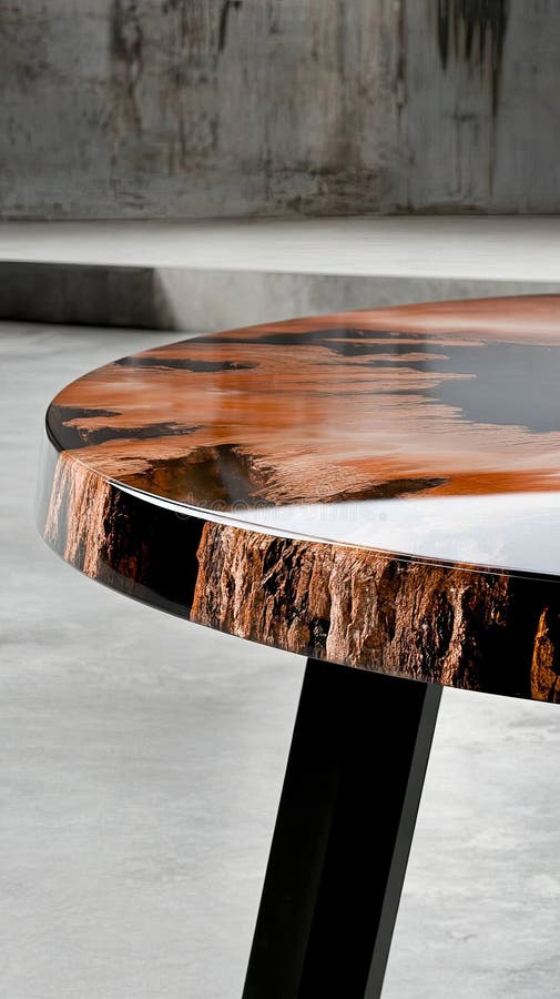 Un unico tavolino da caffè rotondo mostra una scena di un lago realizzata in resina epossidica circondata da un bordo di legno nat fotografie stock libere da diritti
