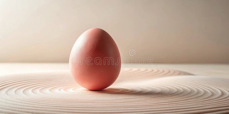 Un unico uovo salmoncolato con trama poggia delicatamente su cerchi concentrici di sabbia pallida. Generative AI royalty illustrazione gratis