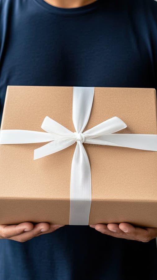 Un uomo allegro presenta con orgoglio una scatola regalo avvolta in un involucro elegante che incarna la felicità su uno sfondo grigio morbido. prodotto a base di