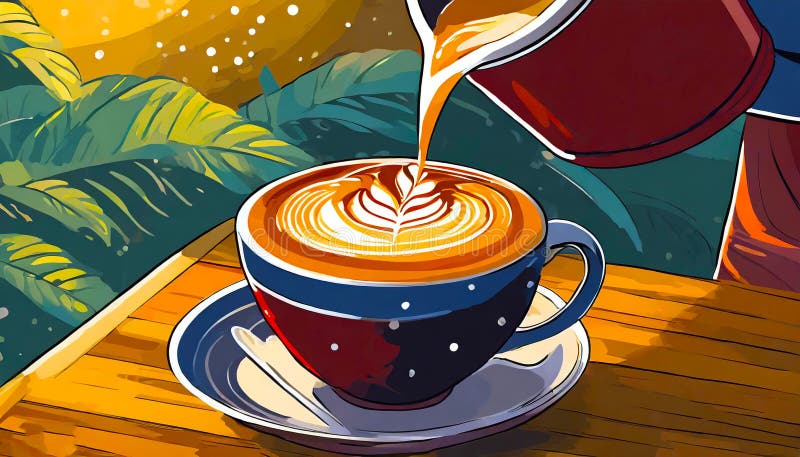 Un uomo che fa arte in caffé in una tazza di caffè illustrazione vettoriale