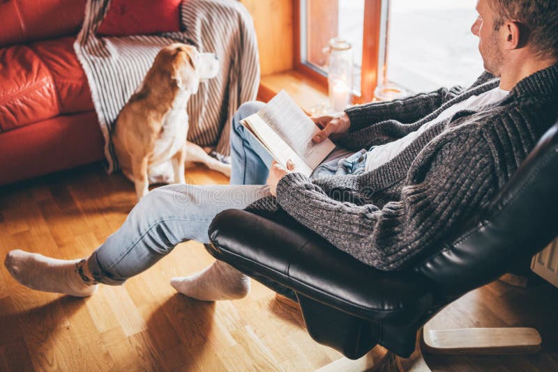Un uomo che legge un libro sul comodo divano del suo beagle cane in un'atmosfera confortevole in casa Momenti pacifici di convivi immagini stock libere da diritti Un uomo che legge un libro sul comodo divano del suo beagle cane in un'atmosfera confortevole in casa Momenti pacifici di convivi immagini stock libere da diritti