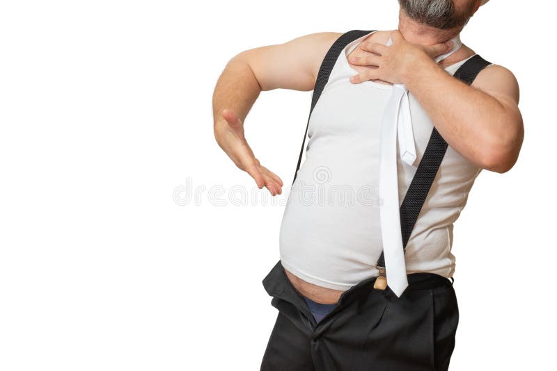 L'uomo Tiene La Sua Pancia Grassa Fotografia Stock Immagine di mano