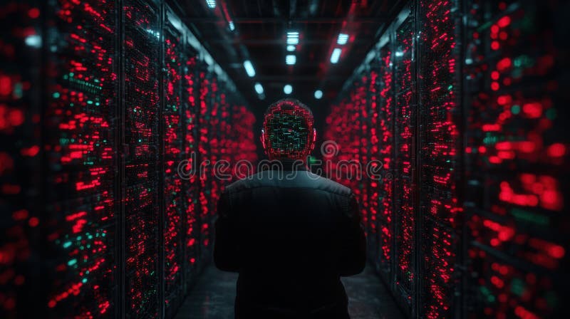 Un uomo con un'interfaccia digitale futuristica per una testa si trova in una sala server high tech piena di luci rosse di dati illustrazione di stock