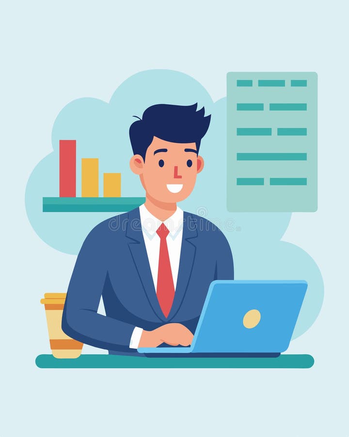 Un uomo d'affari che scrive sul suo portatile creando un foglio di calcolo per seguire i suoi progressi verso il suo obiettivo fin illustrazione di stock