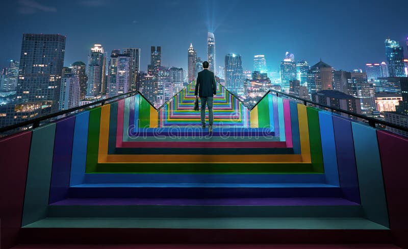 Un uomo d'affari di successo si arrampica su una scala colorata fotografie stock libere da diritti Un uomo d'affari di successo si arrampica su una scala colorata fotografie stock libere da diritti