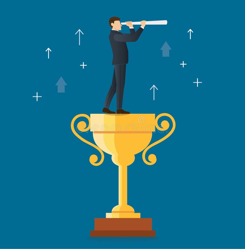 Un uomo d'affari guarda tramite un telescopio che sta sul trofeo illustrazione di stock Un uomo d'affari guarda tramite un telescopio che sta sul trofeo illustrazione di stock