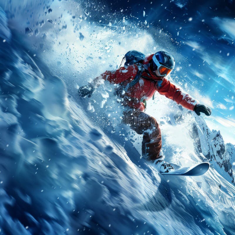 Un uomo getta con grazia uno snowboard lungo una pendenza coperta di neve che scanala in polvere non toccata in mezzo a una serena royalty illustrazione gratis