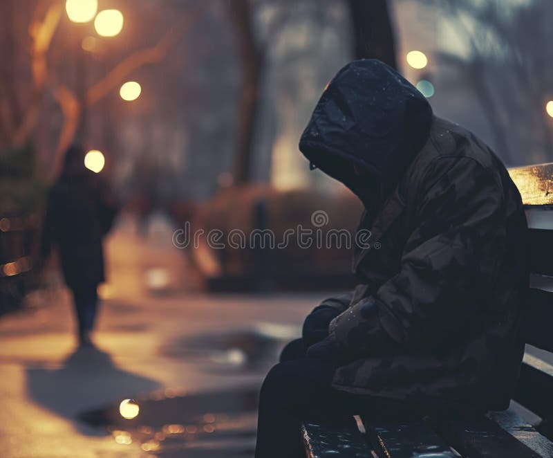 Man sitting on bench, gazing at darkness. Man sitting on bench, gazing at darkness