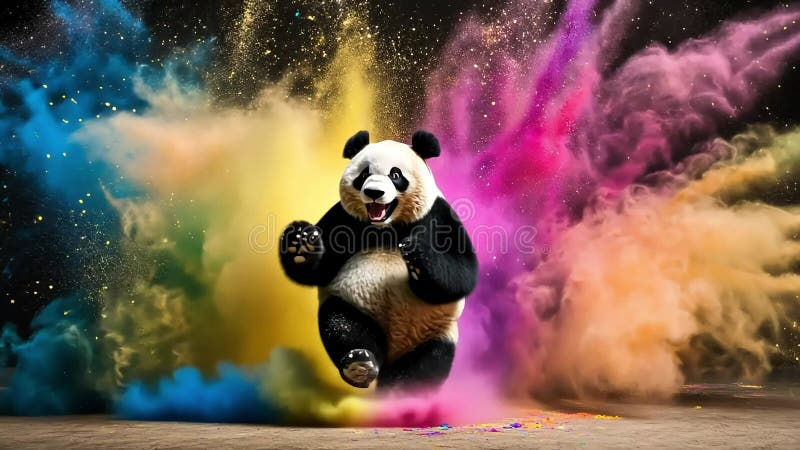 Un urs panda fericit stă în mijlocul unei explozii colorate de praf stock illustration