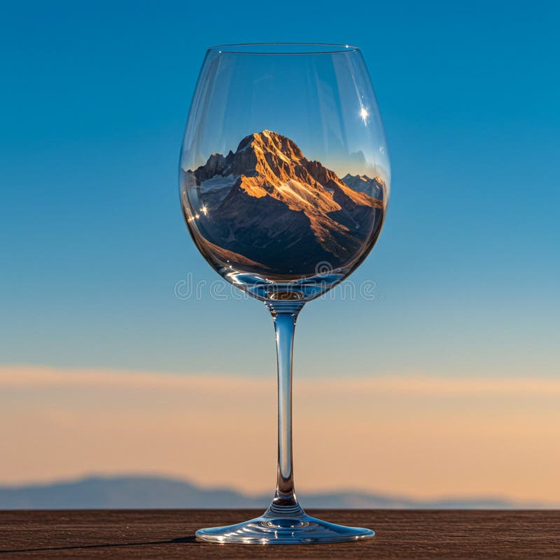 Un verre de vin clair est posé sur une surface en bois reflétant une montagne majestueuse illustration de vecteur