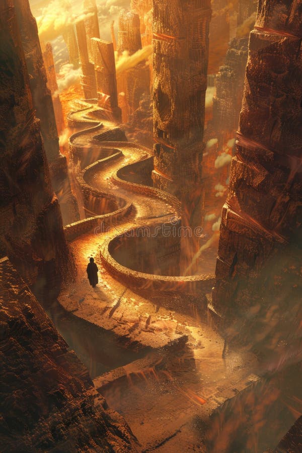 Un viaggiatore che esplora un misterioso labirinto in un paesaggio deserto pieno di sussurri di segreti dimenticati. illustrazione vettoriale
