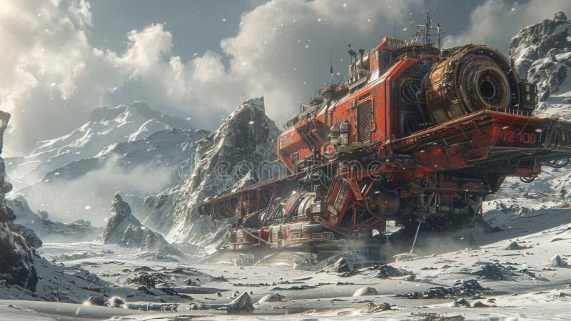 Un vibrante camion rosso naviga attraverso una meraviglia invernale di montagne coperte di neve lasciando le tracce mentre si muov fotografie stock libere da diritti