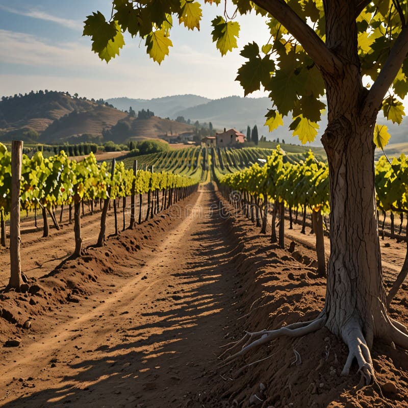 Un vigneto pittoresco con file di vigne e un avvolgitore rustico sullo sfondo royalty illustrazione gratis