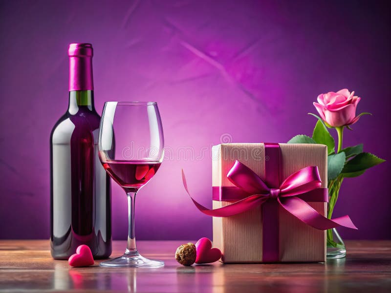 Un vin romantic de Ziua Îndrăgostiților Un Dar Deosebit Prezentat pe un Fundal Liliac pentru o Celebrare Emoționantă stock illustration