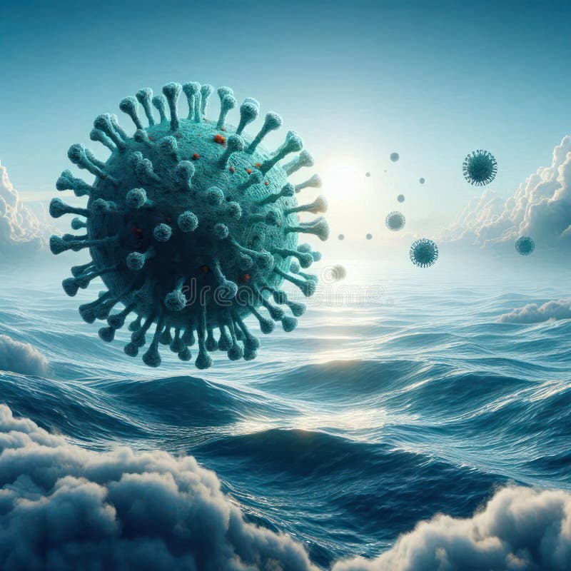 Un virus enorme sull'oceano sullo sfondo di nuvole e tramonto.