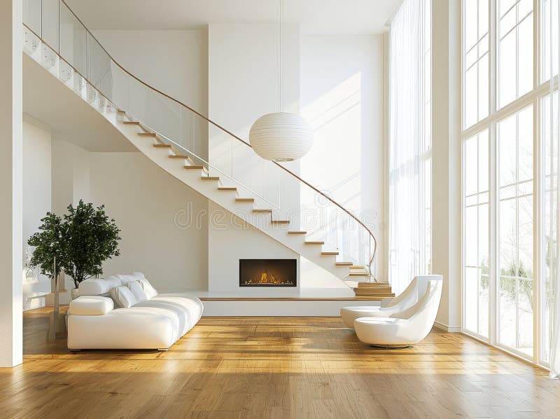 Un vivaio bianco e moderno con pavimentazione in legno ed elegante decorazione minimalista immagine stock libera da diritti