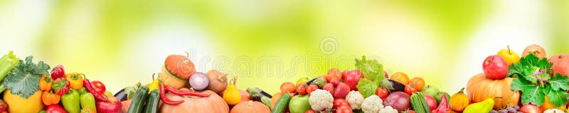 Un volum mare de fructe și legume proaspete pe fond verde de alge. stock illustration