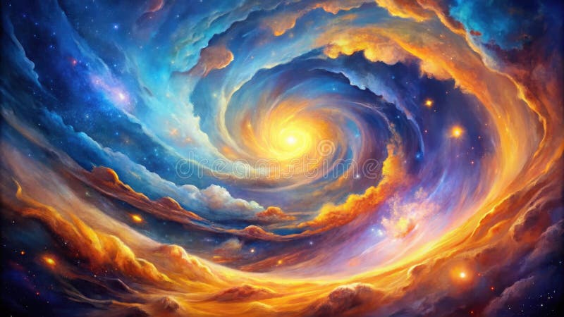 Un vortice celeste di colle d'oro e d'azzuro che si muovono attraverso un cosmo stellato. Generative AI illustrazione di stock