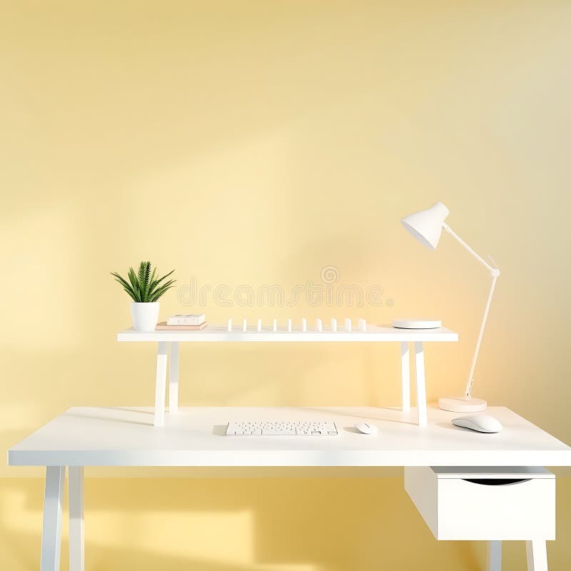 Un workspace minimalista in bianco su una sfumatura gialla e blu morbida illustrazione vettoriale
