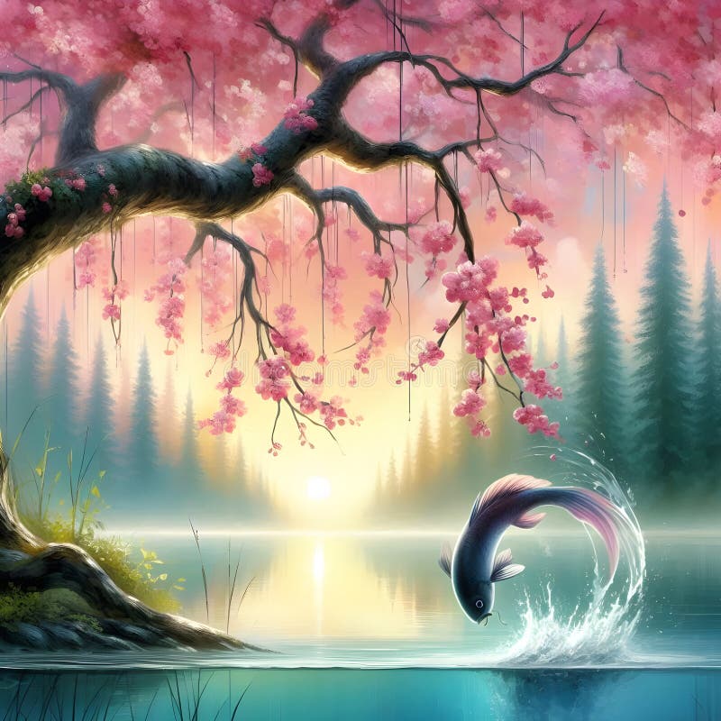 Un árbol de flores rosadas al borde del lago mientras un pez resbalaba por la superficie en un bosque tranquilo. libre illustration