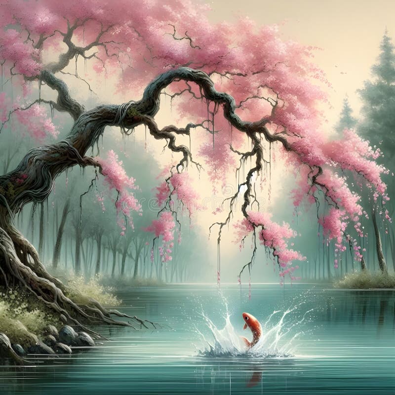 Un árbol de flores rosadas al borde del lago mientras un pez resbalaba por la superficie en un bosque tranquilo. libre illustration