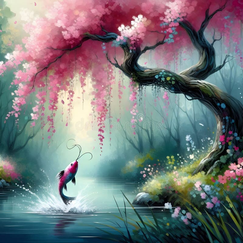 Un árbol de flores rosadas al borde del lago mientras un pez resbalaba por la superficie en un bosque tranquilo. libre illustration