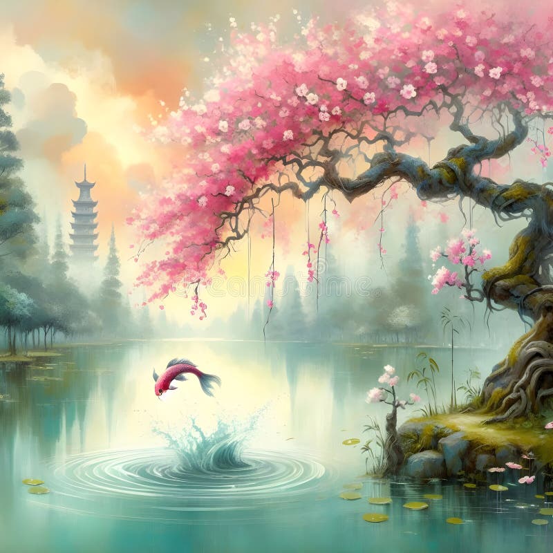 Un árbol de flores rosadas al borde del lago mientras un pez resbalaba por la superficie en un bosque tranquilo. libre illustration
