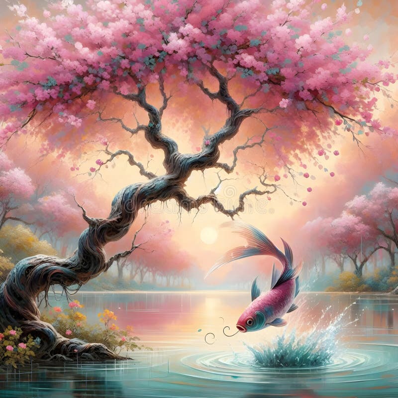 Un árbol de flores rosadas al borde del lago mientras un pez resbalaba por la superficie en un bosque tranquilo. libre illustration